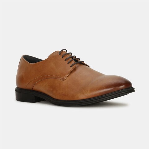Bata tan leather formal derby-style shoes with lace-up closure for men